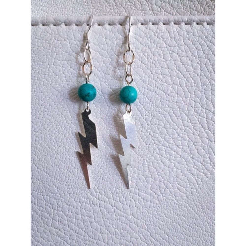 Lightning Bolt Silver Earrings with Turquoise Accent
